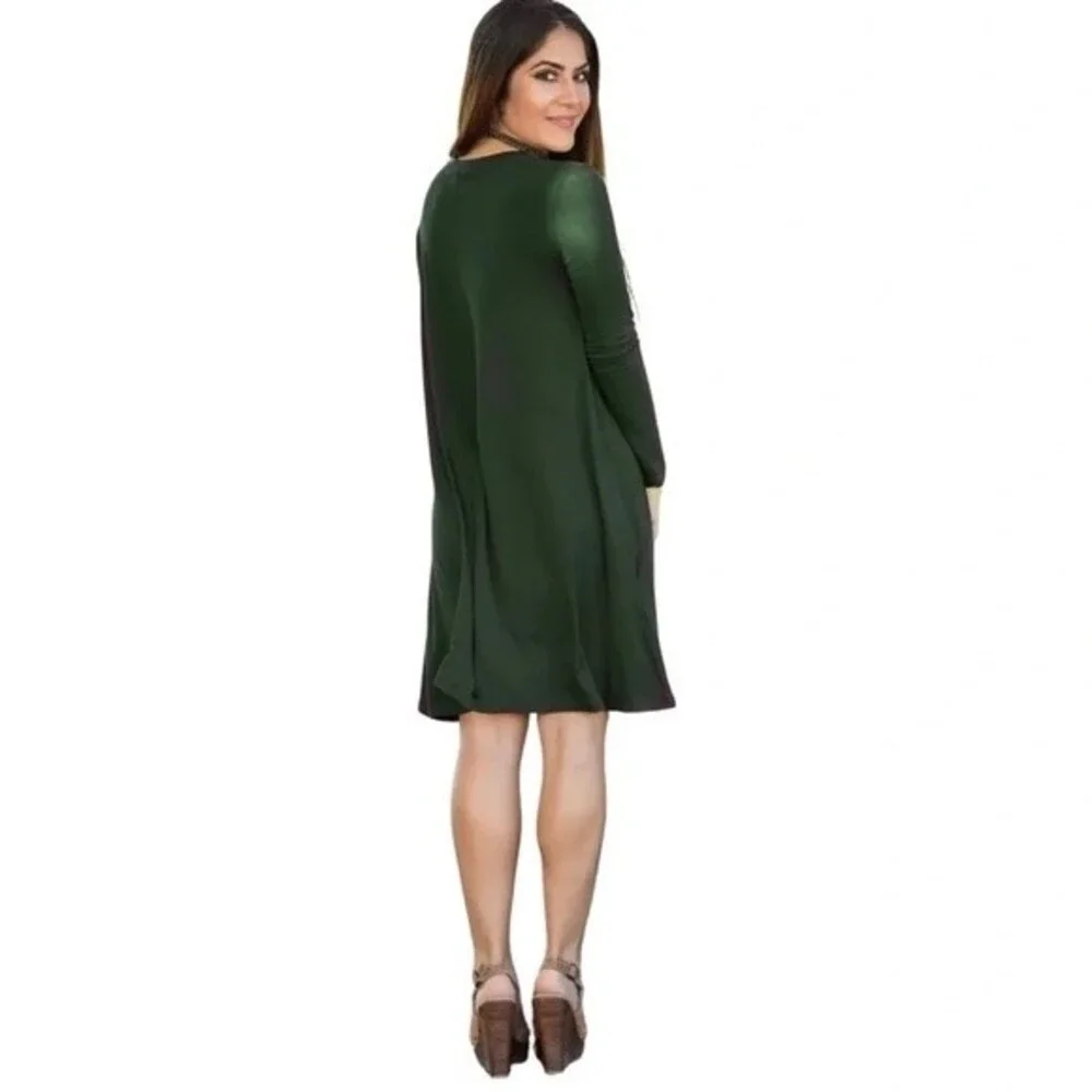 PIKO long sleeve olive green soft bamboo blend swing dress size medium - Picture 2 of 6